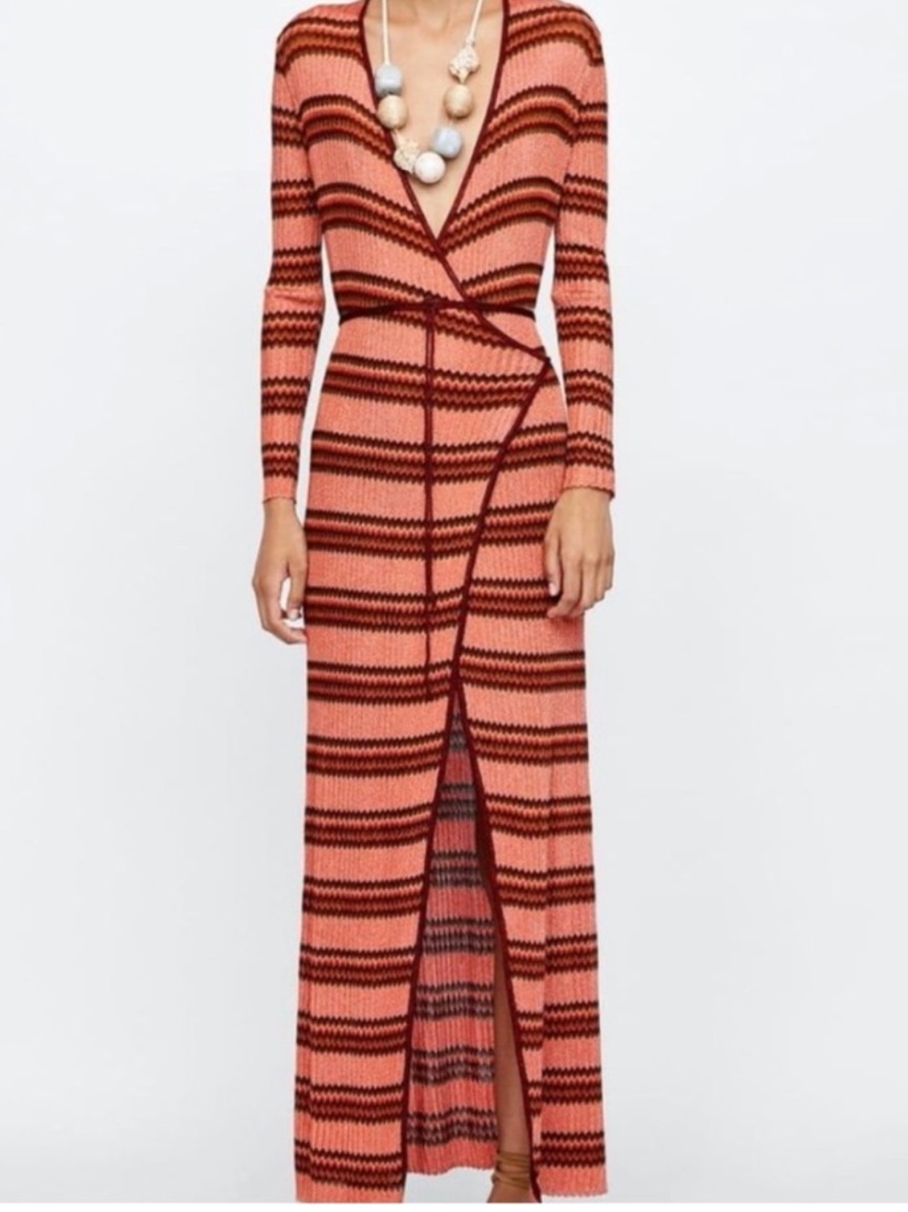 Striped Metallic Knit Zigzag Wrap Maxi Dress in Rust and Olive